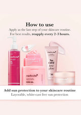 Medicube skincare routine infographic showing several pink and white products including a pump bottle, jar, and tube, with text instructions on how to use them.