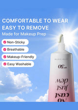 A cosmetic tube labeled 'just dew' and 'HELLO MY LOVE' on a blue sky background with clouds and a bright sunburst. Text on the left reads 'COMFORTABLE TO WEAR EASY TO REMOVE Made for Makeup Prep' with bullet points: Non-Sticky, Breathable, Makeup-Friendly, Easy Washable.