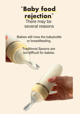 Baby bottle with text about baby food rejection and difficulty with traditional spoons.