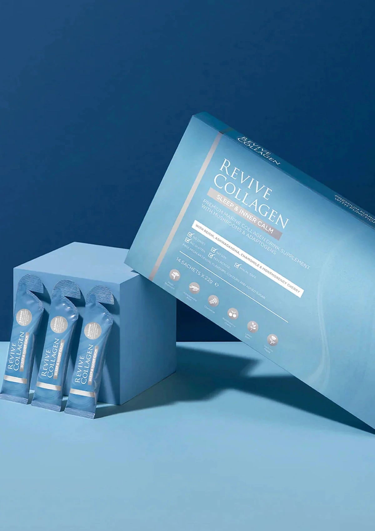 Revive Collagen product packaging on a blue background