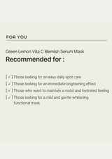 Text describing the Green Lemon Vita C Blemish Serum Mask and its recommended uses on a beige background.