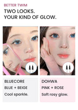 Two MERRYMONDE glitter eye looks: cool Bluecore and soft pink Dohwa