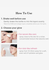 Instructional graphic titled 'How To Use' showing two steps for applying a skincare spray: shaking the bottle before use and choosing a target area on the face. The layout includes small photos of a woman spraying the product and descriptive text in black and pink on a light gray background.