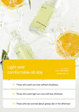 Advertisement for YUJA C Sun Serum with lemons and green leaves on a white background