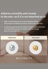 Product packaging with adhesive patch showing front and back, and text about skin adhesion.