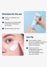 Instructions for using a sunscreen product with a close-up of skin application.
