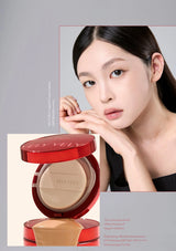 Woman with a compact powder case featuring the brand 'VELVETEEN' on a gray background.