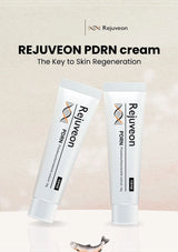 Two tubes of Rejuveon PDRN cream on a beige background with the brand name displayed.