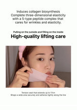 Woman applying a facial product with text about collagen biosynthesis and high-quality lifting care.