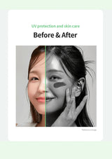 Before and after comparison of UV protection and skin care on a person's face.