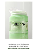 Green toner pad container with 'Torriden' branding on a white background
