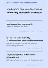 Promotional text for medicube's pore care serum on a light blue background