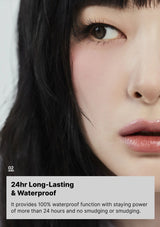 Close-up of a woman's face with text highlighting 24-hour long-lasting and waterproof properties.