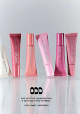 Set of pink cosmetic tubes with 'ODDP' branding on a light gray background