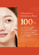 Advertisement for skincare product with a woman's face and text about satisfaction rates on an orange background