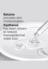 dropper adding liquid to a surface with text about betaine and panthenol benefits