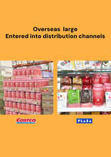 Stacks of pink containers and colorful boxes on a yellow background with Costco and Plaza logos.