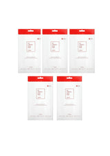 Five white packages with red labels on a white background