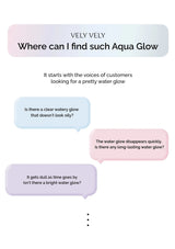 Text conversation about finding a water glow effect, with 'VELY VELY' branding.