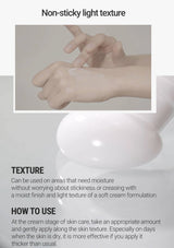 Textured product application on skin with text about non-sticky light texture