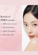 Advertisement for PDRN cream with a woman's face and text highlighting benefits on a pink background