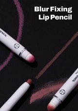 Three lip pencils with colored tips on a dark background, labeled 'Blur Fixing Lip Pencil'.