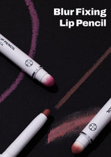 Three lip pencils with colored tips on a dark background, labeled 'Blur Fixing Lip Pencil'.