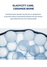 Ceramide biomes absorbing into skin with text about elasticity care and ceramide biome.