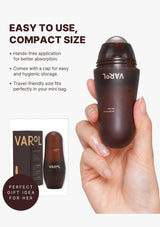 Brown roller bottle with VAROL branding held in a hand, with product packaging and text about its features.