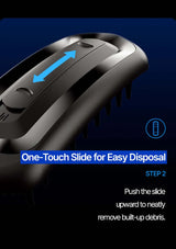 Black device with one-touch slide feature on a blue background