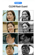 Collage of people with sunscreen application on their faces, labeled 'UV camera photography'.