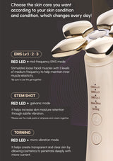 Skincare device with text describing its functions on a dark background