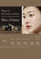Advertisement for AGE-R Glutathione Glow Serum with a woman's face and product packaging.