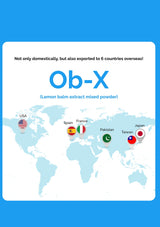 World map with country flags and text about Ob-X lemon balm extract powder exports on a blue background