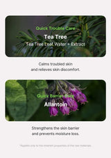 Tea tree and allantoin product advertisement with text on a white background