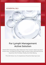 Advertisement for essential oils for lymph management with close-up of oil droplets.