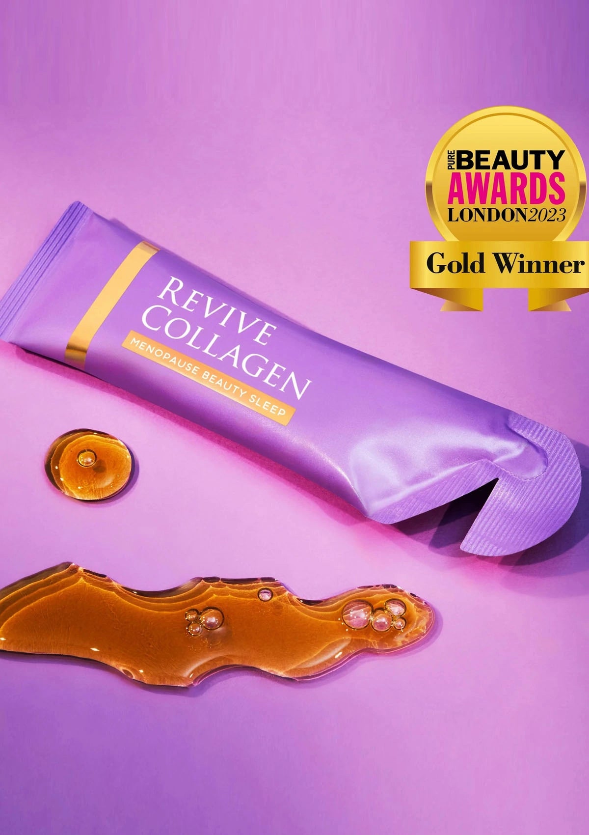 Revive Collagen product with gold winner badge on a purple background