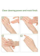 Step-by-step demonstration of applying a skincare product to hands with text 'Clear cleaning power and moist finish'.