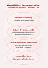 Text on a white background describing the benefits of a skincare product with small capsules.