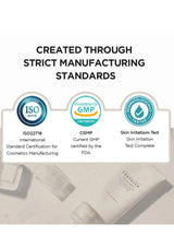 Cosmetic products with certification logos for ISO 2276, CGMP, and skin irritation testing on a white background.