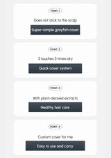 List of features for a hair cover product on a white background