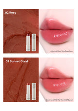 Lipstick with Rosy and Sunset Coral shades, showing swatches and application on lips.