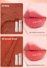 Lipstick with Rosy and Sunset Coral shades, showing swatches and application on lips.