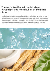 Product advertisement with text about red ginseng extract and seaweed oil layer for hair care, featuring a close-up of water droplets and natural ingredients.