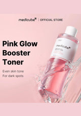 Medicube Pink Glow Booster Toner bottle on a pink background