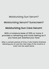 Text description of a moisturizing sun care serum on a white background