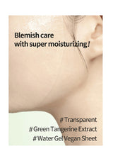 Advertisement for a skincare product with text about blemish care and moisturizing.