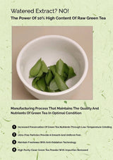 White bowl with green tea leaves on a beige background, promoting high-content raw green tea.