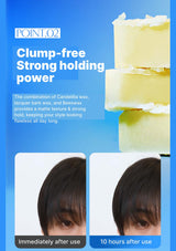 Product advertisement for hair styling product with wax and before/after effect on hair.