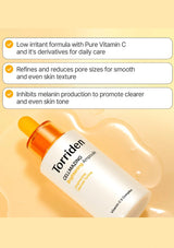 Torriden serum bottle with features listed on a yellow background